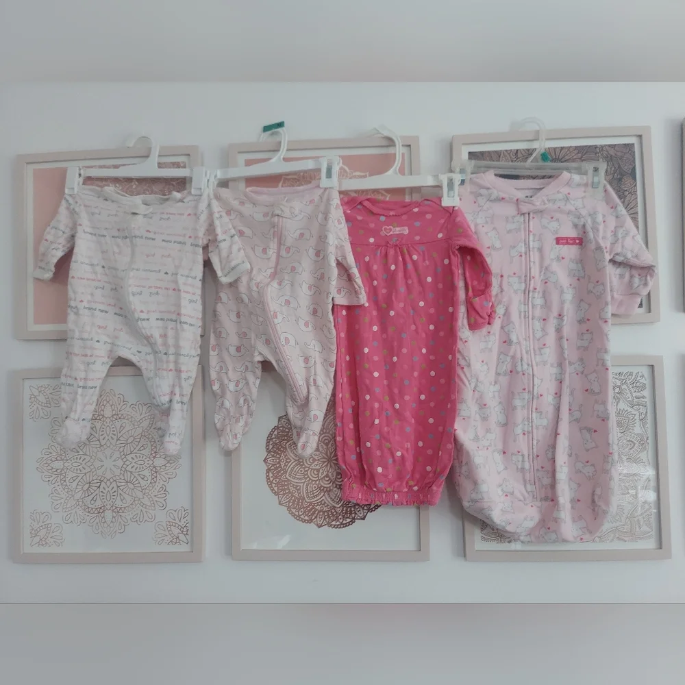 🎁 10/$25- Set of 4 sleep outfits, 0-3 months, baby girl,  pink